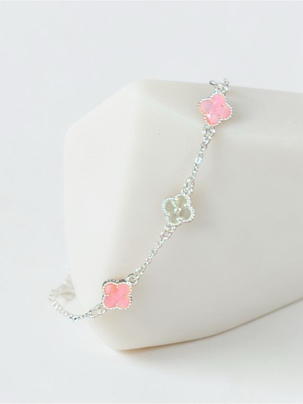 Sterling Silver Pink Clover Link Bracelet